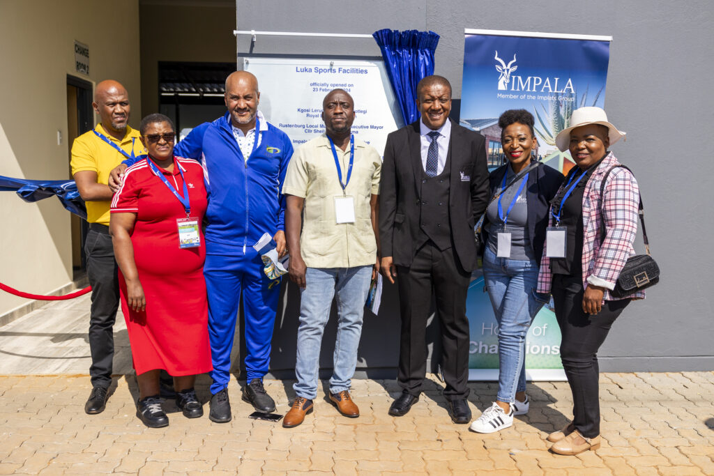 Pictured from left to right: Kgosana Sam Diale, Royal Bafokeng Nation; MMC Nombulelo Xatasi, Rustenburg Local Municipality; Emile Smith, Acting MD of Royal Bafokeng Sports; Phumudzo Nethwadzi, DMRE Regional Manager; Moses Motlhageng, Chief Executive at Impala Rustenburg; Tina Malau, Head of Stakeholder Relations at Impala Rustenburg; Councillor Virginia Mputle, Rustenburg Local Municipality