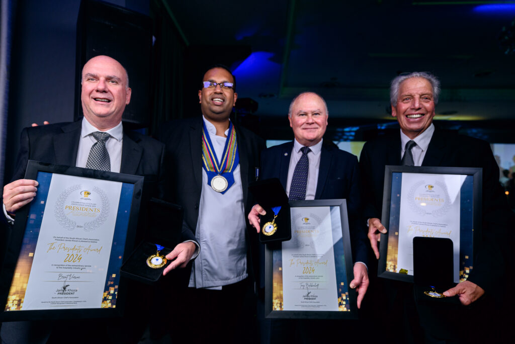 Recipients of Presidents Awards on the occasion of SA Chefs' 50th anniversary gala dinner - Brent Varcoe, Tony Balabanoff and John de Canha, pictured with Chef Coo Pillay